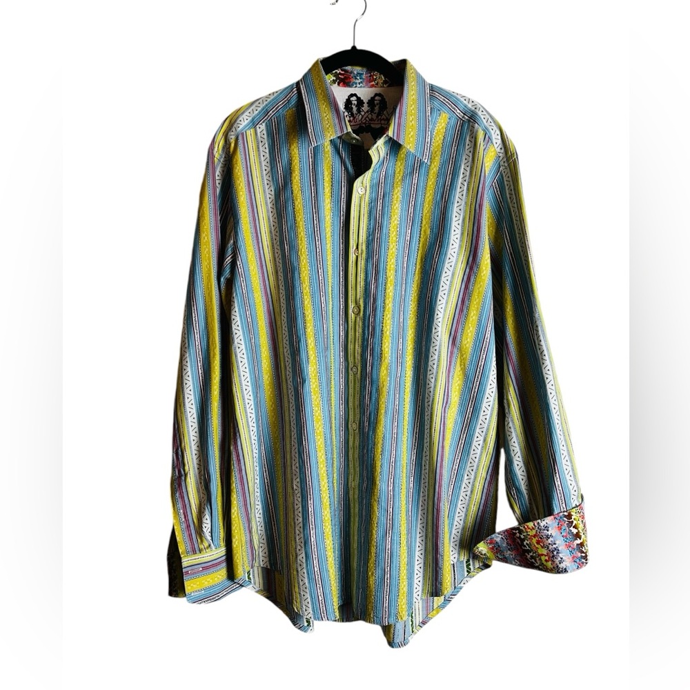 Robert Graham Mens Large Dress Shirt Striped Fine Embroidered Flip Cuffs